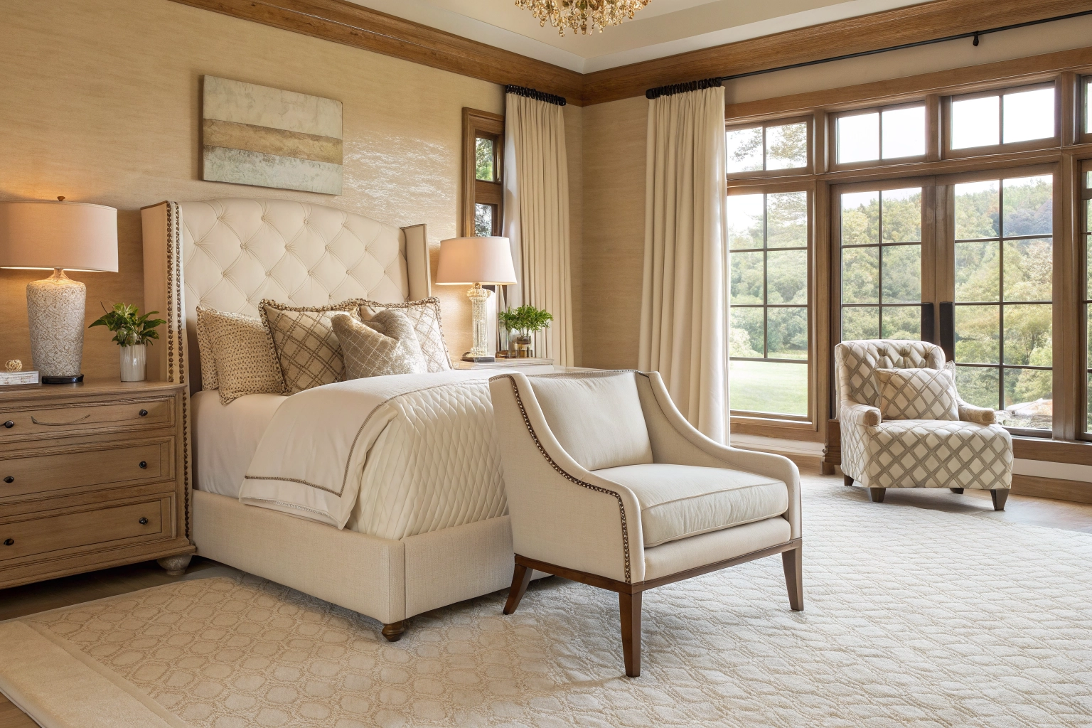 Luxurious bedroom furniture with warm walnut wood and sophisticated ambient lighting
