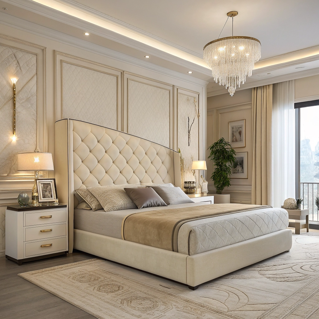 Upholstered Bed - Cream ivory fabric