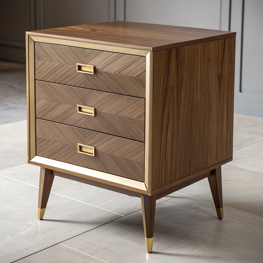 Walnut Bedside Table with gold accents