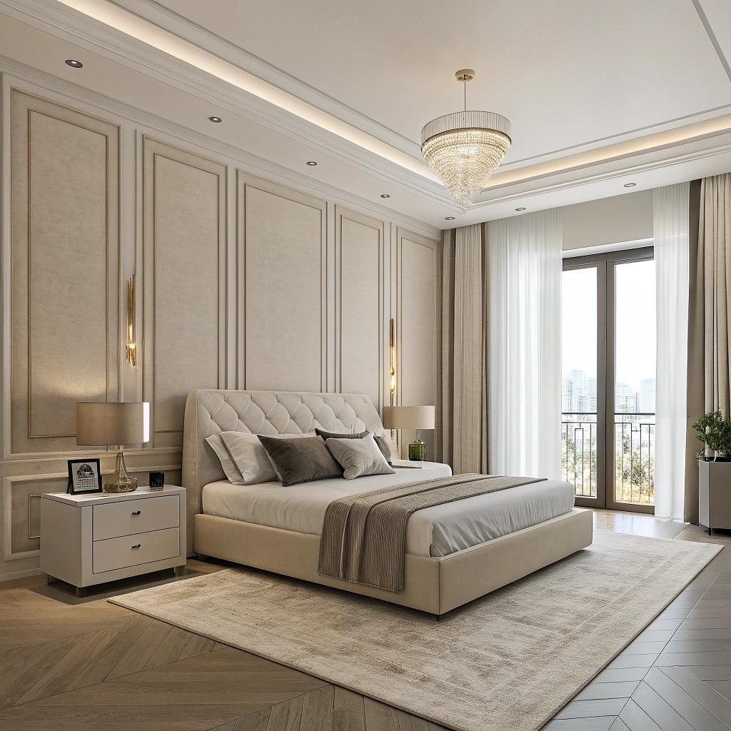 Modern premium bedroom design with warm walnut accents