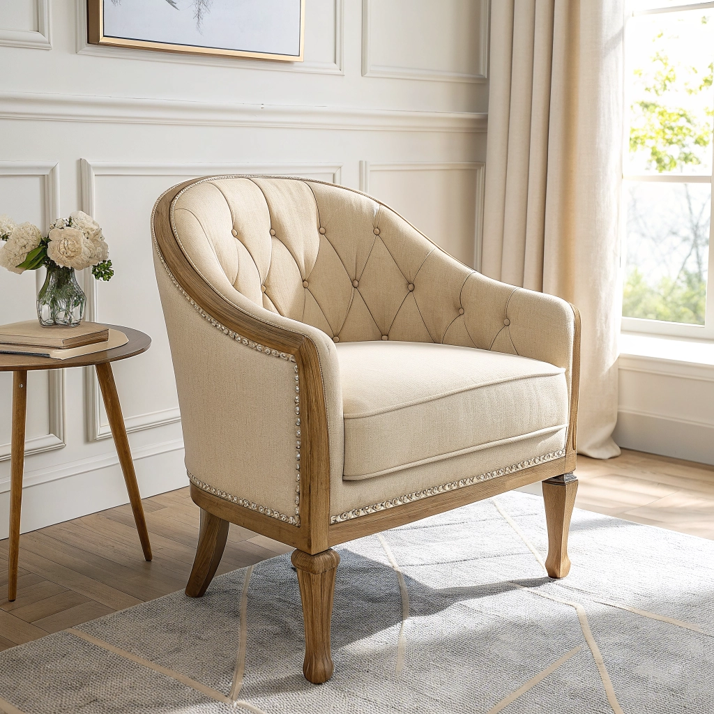 Premium bedroom accent chair in soft beige fabric